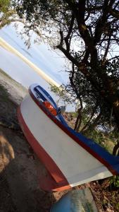 a boat sitting on the ground next to a tree at Casa Chale 10 Florianópolis in Florianópolis