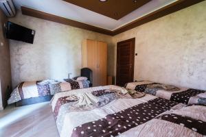 Habitación con 3 camas y TV en la pared. en ATOS Srebrno jezero - Villa and Restaurant, en Veliko Gradiste