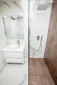 un bagno bianco con doccia e lavandino di Fabuleux Studio a Beausoleil Altre 27 foto