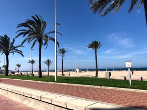einen Bürgersteig mit Palmen am Strand in der Unterkunft Apartamento del Azahar in Playa de Gandia