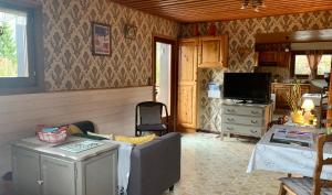 a living room with a couch and a television at L’Eterle in Aillon-le-Jeune