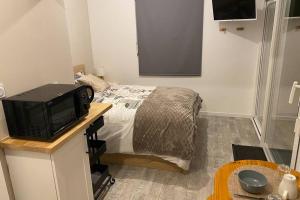 ein kleines Schlafzimmer mit einem Bett und einem Fernseher in der Unterkunft Studio Au numéro 10, proche zoo de Beauval et sortie d autoroute in Villefranche
