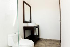 a bathroom with a toilet and a mirror at Hotel Blue Reef frente al mar in Mahahual
