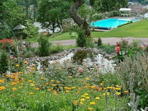 um jardim com um lago com flores e uma piscina em 4 person holiday home in VALDEMARSVIK em Valdemarsvik