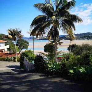- une vue sur la plage depuis un complexe planté de palmiers dans l'établissement Paku Lodge Resort, à Tairua