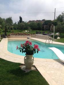 um vaso com flores ao lado de uma piscina em La Casa Fra gli Ulivi - Piscina e natura, relax vicino al mare tra Cinque Terre e Toscana em Monte Marcello