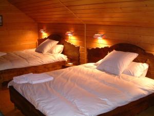 two beds in a room with wooden walls at Stacja Narciarska SOSZÓW Wisła in Wisła