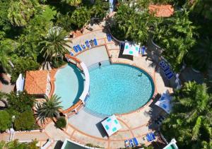 an overhead view of a swimming pool with palm trees at Broadbeach - Shop, Dine & Unwind in Gold Coast