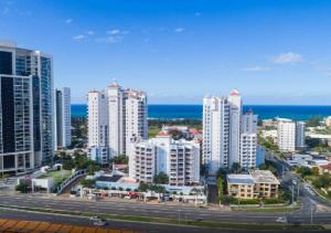 an aerial view of a city with buildings and the ocean at Location Location Location - Broadbeach :) in Gold Coast