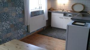 a small kitchen with a sink and a refrigerator at Ferienwohnung Steinwald Ausläufer mit Blick auf Kösseine in Waldershof