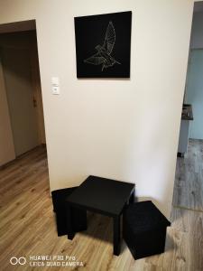 una habitación con una mesa y una foto de un pájaro en la pared en Renáta Apartman, en Siófok