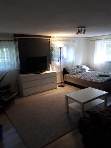 uma sala de estar com uma cama e uma televisão de ecrã plano em FAZENDA - Przytulne pokoje na krańcu świata em Krynki