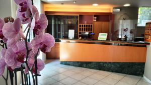 a lobby with a counter with purple orchids at Hotel Colonne in San Giovanni Rotondo