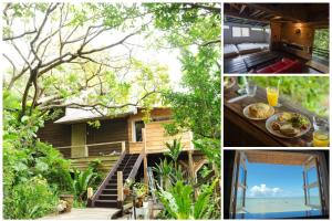 a collage of pictures of a house with a view of the ocean at Villa SACHIIBARU in Nanjo