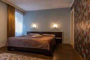 1 dormitorio con 1 cama y 2 luces en la pared en Hotel Peregrin, en Český Krumlov
