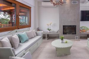 a living room with a couch and a fireplace at Windmill Villa in Kalyves Poligirou