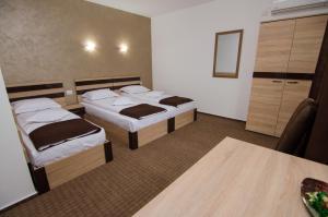Habitación de hotel con 2 camas y mesa en Pensiunea Scorilo, en Plopi