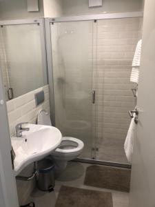 Un baño con ducha, inodoro y lavabo. en Preiliai apartments, en Preila