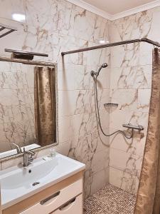 a bathroom with a shower with a sink and a shower at Starosvetskiy Pan in Myrhorod