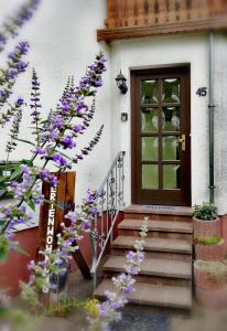 ein Haus mit einer Treppe, die zu einer Tür mit lila Blumen führt in der Unterkunft Ferienwohnung Konz in Merzig