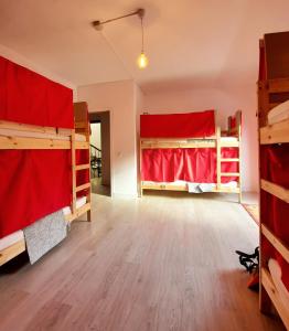 Habitación con 2 literas y cortina roja. en Aguere Nest Hostel en La Laguna