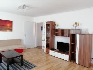 Una sala de estar con un sofá y un televisor. en Apartment AMS, en Oststeinbek