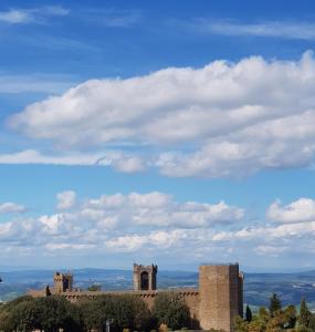 uma vista para um castelo no topo de uma colina em casa per l'osticcio vista sulla val d'orcia em Montalcino