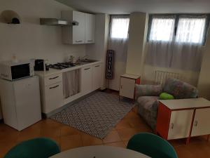 米蘭的住宿－DA MARIA - MARIA'S FLAT _ MILANO BOVISA POLITECNICO，厨房以及带沙发的起居室。