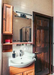 a bathroom with a sink and a mirror at Vila Genia in Câmpulung Moldovenesc