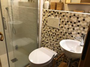 a bathroom with a shower and a toilet and a sink at Casa Eugenia in Argegno