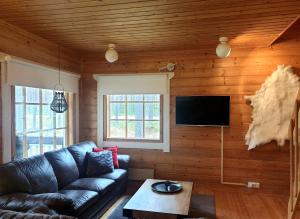 a living room with a couch and a flat screen tv at PyhäBerry in Pelkosenniemi