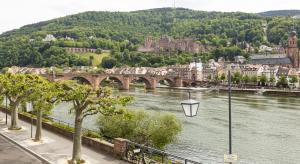 House of Hütter - Heidelberg Suites & Spa في هايدلبرغ: اطلاله على نهر مع جسر ومدينه