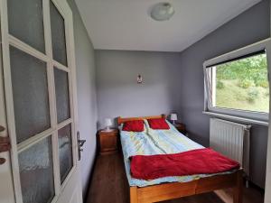 um quarto com uma cama e uma janela em Domek u Cioci Meli em Brodnica Dolna