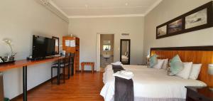 a bedroom with a bed and a desk with a television at Dive Inn Guesthouse in Pongola