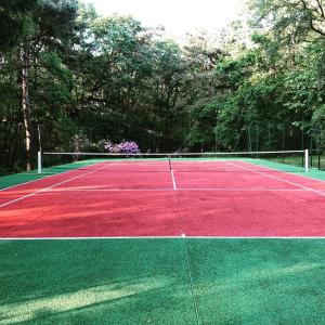 - un court de tennis rouge et vert dans l'établissement Domaine du Vertbois, à La Haye-du-Theil