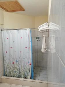a bathroom with a shower with a shower curtain with butterflies at Apartotel Don Francisco in San José