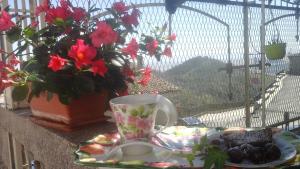 un tavolo con un piatto di cibo e una tazza di caffè di Villa Di Miscio a SantʼAgata di Puglia