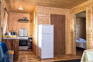 a kitchen with a refrigerator in a wooden cabin at Zacisze pod Laskiem in Karwieńskie Błoto Pierwsze