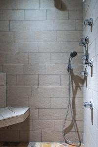 a shower in a bathroom with a tile wall at Appartements Plaija in Sankt Anton am Arlberg