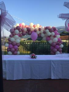 un arco con palloncini rosa e bianchi su un tavolo di Agriturismo La Cantina ad Ascoli Piceno