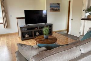 a living room with a couch and a flat screen tv at Stunning Oceanview Coastal Home Beach Trails Family Activities in Montara