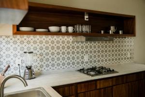 a kitchen counter with a stove and a sink at casa AGAVE x Santiago de Tequila in Tequila