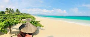 una spiaggia vuota con ombrelloni e l'oceano di Sanya Yalong Bay Villas & Spa a Sanya