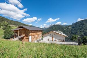 a wooden cabin in a field with mountains in the background at ban Hofa in Bressanone
