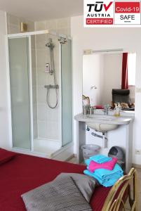 
a bathroom with a shower, sink, and toilet at Logies Ternier in Nieuwpoort
