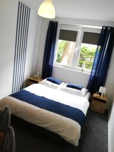 1 dormitorio con 1 cama con cortinas azules y ventana en REDA - Pokoje z niezależnym wejściem, en Międzywodzie