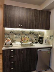 Una cocina con gabinetes de madera y un fregadero. en Mama's Cozy Room 3, en Kalambaka