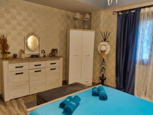 1 dormitorio con 1 cama azul y vestidor en Mama's Cozy Room 3, en Kalambaka