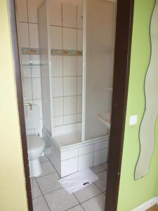 uma casa de banho com um chuveiro e um WC. em Buch-Ein-Bett Hostel em Hamburgo