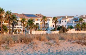 une rangée de maisons sur la plage avec des palmiers dans l'établissement Les Bulles de Mer - Hotel Spa sur la Lagune, à Saint Cyprien Plage